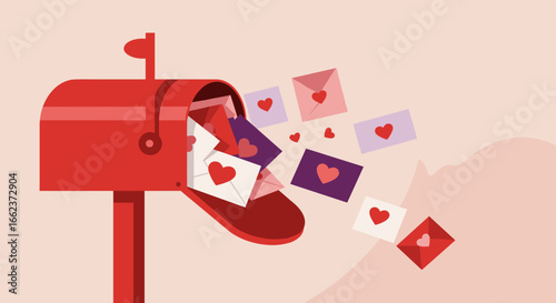 Love letters arrival red mailbox with heartfelt envelopes digital illustration romantic theme whimsical setting. Vector illustration