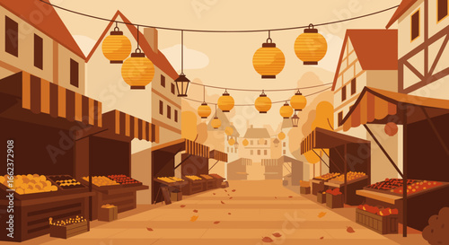 Exploring vibrant market stalls quaint village digital artwork autumn atmosphere aerial view community vibe. Vector illustration