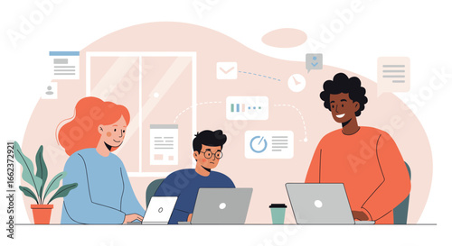 Collaboration in action teamwork among colleagues in a modern office environment. Vector illustration