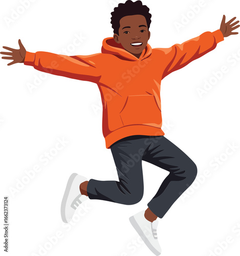 Boy jumping high in orange hoodie with black pants and white sneakers energetic joyful young child vector illustration