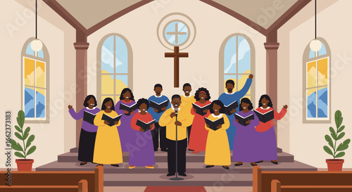 Gospel choir performance church sanctuary digital illustration celebratory atmosphere front view community spirit. Vector illustration