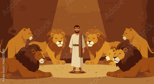 Daniel in the lion's den ancient babylon animated illustration dramatic setting front view faith and courage. Vector illustration