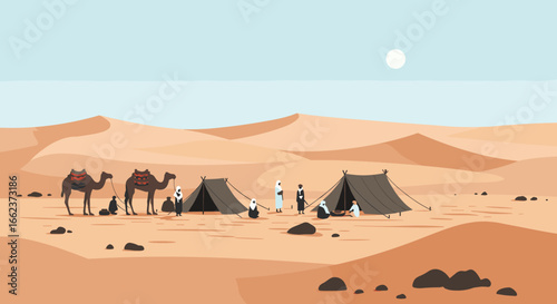Desert caravan journey sahara desert illustration warm environment wide view cultural exploration. Vector illustration