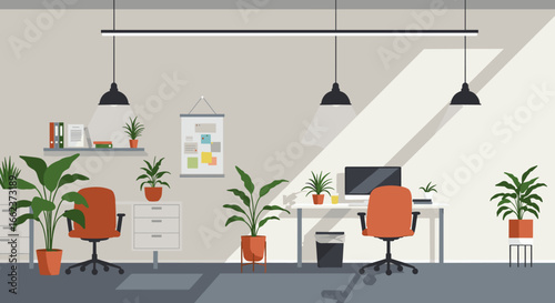 Modern office workspace design featuring plant decor and ergonomic furniture in a bright environment. Vector illustration