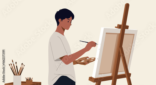 Artistic expression young artist painting in studio digital illustration creative environment inspiring perspective. Vector illustration