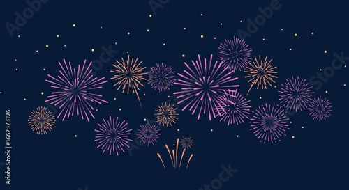 Celebratory fireworks display urban cityscape digital illustration nighttime atmosphere aerial perspective joyous festivity. Vector illustration