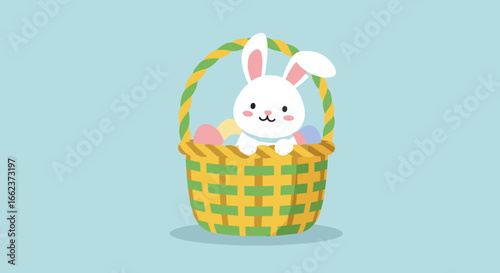 Cute easter bunny in colorful basket spring celebration digital illustration cheerful atmosphere playful viewpoint. Vector illustration