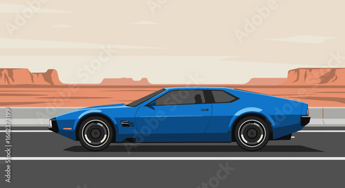 Classic blue car driving through desert landscape illustrative artwork wide view retro concept. Vector illustration