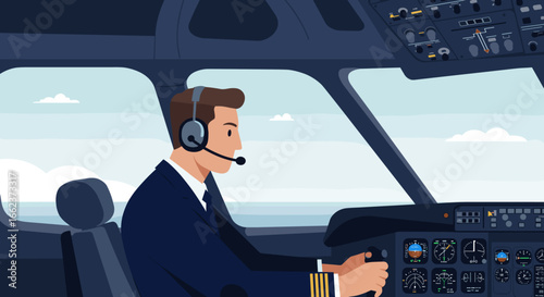 Pilot navigating aircraft in cockpit sky environment digital illustration aviation concept. Vector illustration