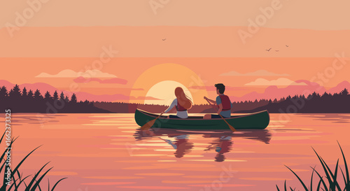 Canoeing adventure at sunset tranquil lake digital illustration serene environment romantic viewpoint. Vector illustration