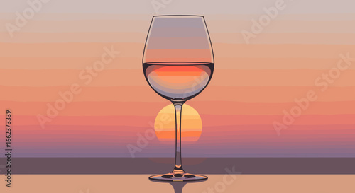 Sunset reflection in a wine glass beachside photography tranquil atmosphere side view serenity. Vector illustration