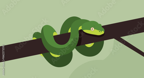 Climbing green snake in jungle habitat animal illustration nature scene close-up view wildlife concept. Vector illustration