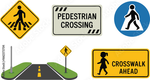 Assorted Pedestrian and Crosswalk Road Signs Featuring Walking Figures, Road, Sidewalk, and Poles
