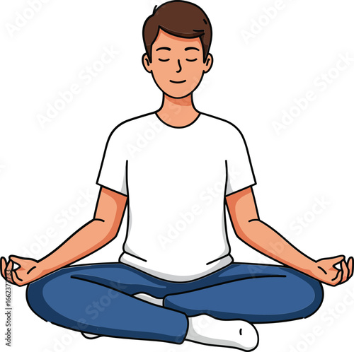 Young man practicing meditation in lotus position with closed eyes wearing casual clothes vector illustration