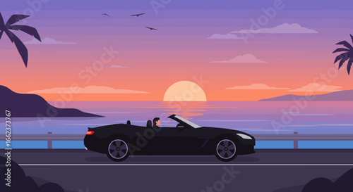 Sunset drive in a convertible coastal road digital illustration relaxed atmosphere side view freedom concept. Vector illustration