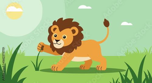 Playful lion walking in green grass cartoon style nature scene animated environment fun concept. Vector illustration