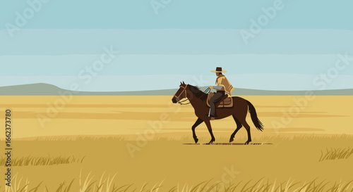 Rider on horseback traverses golden prairie landscape animated adventure serene environment wide perspective. Vector illustration