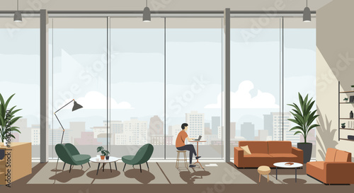 Working remote in a modern apartment city view digital illustration contemporary interior design calm atmosphere. Vector illustration
