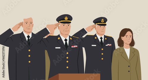Military salute ceremony national headquarters digital illustration formal setting frontal view honor and respect. Vector illustration