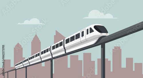 Monorail train moving over urban landscape philadelphia digital art city environment aerial view transportation concept. Vector illustration