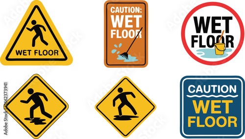 Assorted Wet Floor Warning Signs Triangle, Square, Circle Shapes with Cautionary Symbols and Text