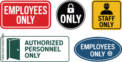 Assorted Workplace Restriction Signs Employees Only, Staff Only, Authorized Personnel, and Security Access Signage Collection
