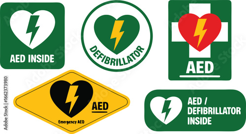 Assortment of Automated External Defibrillator (AED) Signs Featuring Lightning Bolts and Heart Symbols, Emergency First Aid