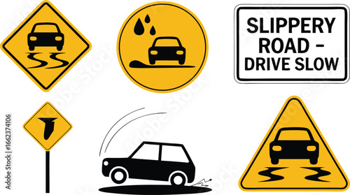 Assortment of Road Hazard Warning Signs Illustrating Slippery Conditions, Intersections, and Drive Slowly Messages