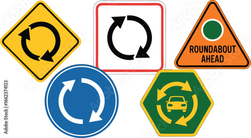 Assortment of Road Signs Roundabout Ahead, Traffic Circle, and Rotatory Intersection Warnings