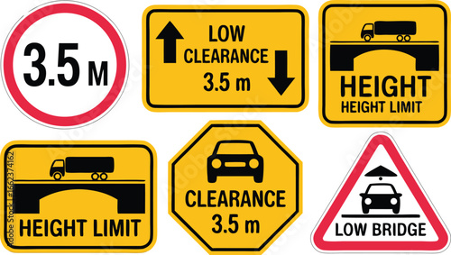 Assortment of Warning Signs for Low Clearance, Low Bridges and Height Limits at 3.5 Meters
