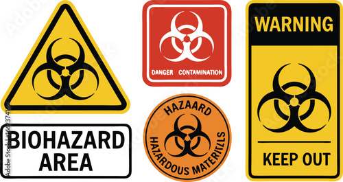 Biohazard Warning Signs Hazardous Materials, Danger Contamination, and Biohazard Area Notices in Various Colors