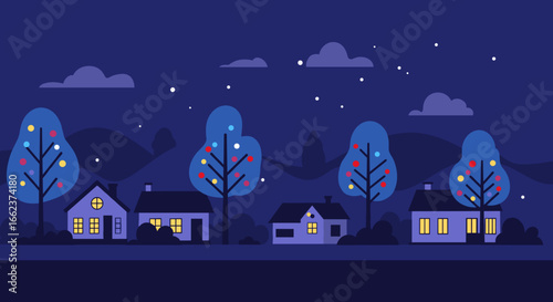 Charming night scene of colorful houses and trees peaceful neighborhood digital art nighttime illustrative concept. Vector illustration