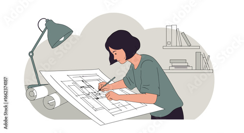 Designing architectural plans female architect in home office illustration creative workspace focused perspective. Vector illustration