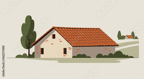 Charming rural house countryside illustration serene landscape side view tranquil living. Vector illustration