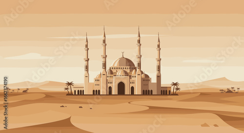Majestic mosque in desert landscape architectural illustration warm tones aesthetic viewpoint. Vector illustration