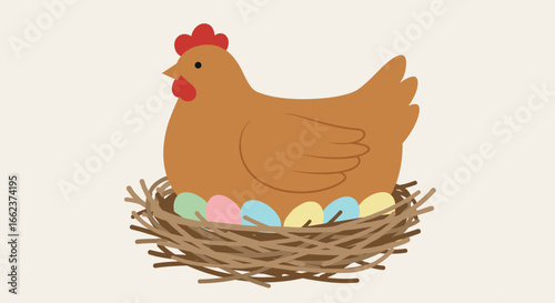 Chicken nesting with colorful eggs farmyard digital art cozy environment bright view nature concept. Vector illustration