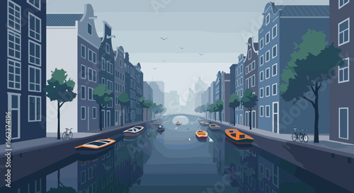 Boats navigating the serene canals of amsterdam digital artwork urban landscape tranquil viewpoint. Vector illustration