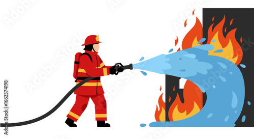 Firefighter extinguishing blaze in urban setting action illustration colorful graphic engaging perspective. Vector illustration