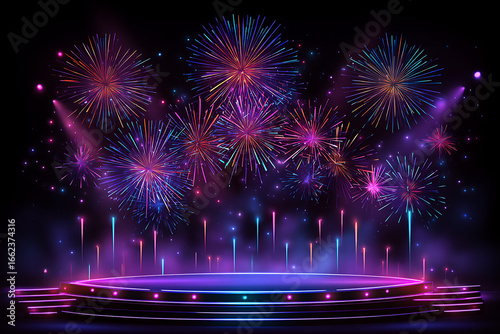 Colorful fireworks display over a vibrant stage, creating a festive atmosphere for celebrations