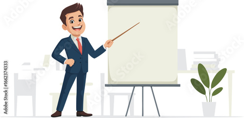 Cartoon Businessman Presenting on a Flip Chart with Pointing Stick in a Bright Office Setting
