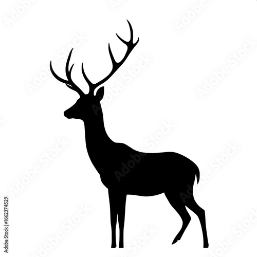 A solid black silhouette of a deer, shown in side view, with antlers extending upward. The deer’s form is slender and elegant, positioned slightly to the left of the canvas. The background is pure whi