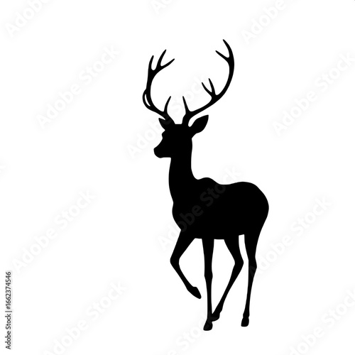 A solid black silhouette of a deer, shown in side view, with antlers extending upward. The deer’s form is slender and elegant, positioned slightly to the left of the canvas. The background is pure whi