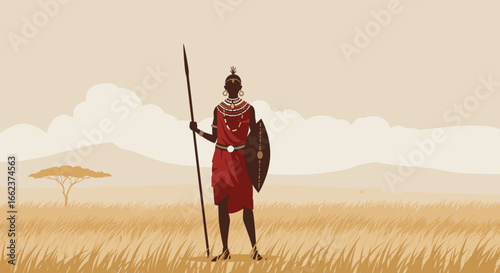 Warrior preparing for battle african savannah digital art serene landscape wide angle cultural heritage. Vector illustration