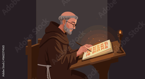 Monk writing ancient manuscripts library digital art warm glow introspective knowledge preservation. Vector illustration
