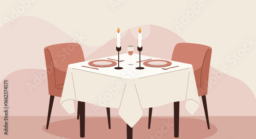 Romantic dinner setting cozy restaurant digital illustration elegant ambiance eye-level view love and togetherness. Vector illustration