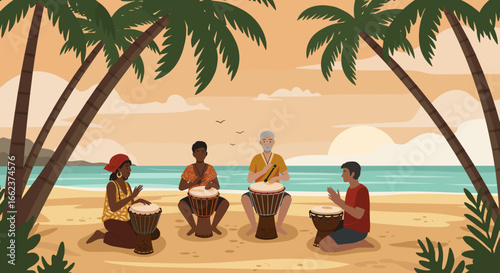 Drumming gathering on the beach tropical island illustrative art sunset outdoor cultural expression. Vector illustration