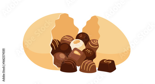 Delicious chocolate treats in an open egg sweet dessert concept whimsical illustration playful environment. Vector illustration