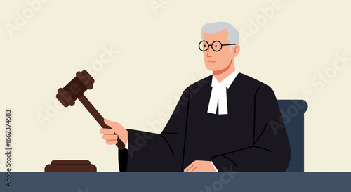 Courtroom proceedings judge in action legal environment digital artwork professional perspective. Vector illustration
