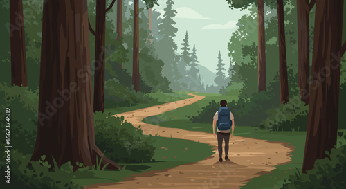 Hiking adventure in serene forest trail nature scene illustration peaceful environment perspective outdoor exploration. Vector illustration
