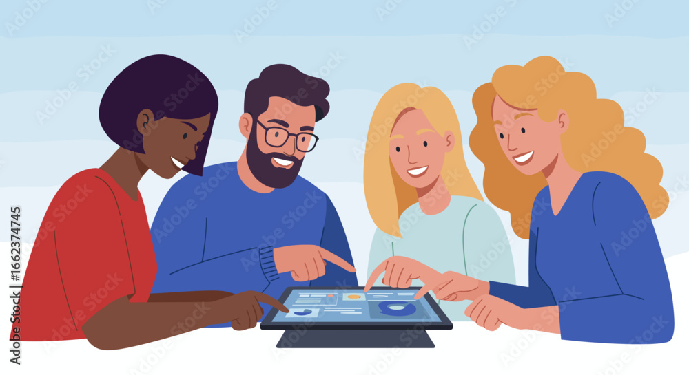 Fototapeta premium Collaborative learning session office space digital interaction engaging environment group perspective teamwork concept. Vector illustration